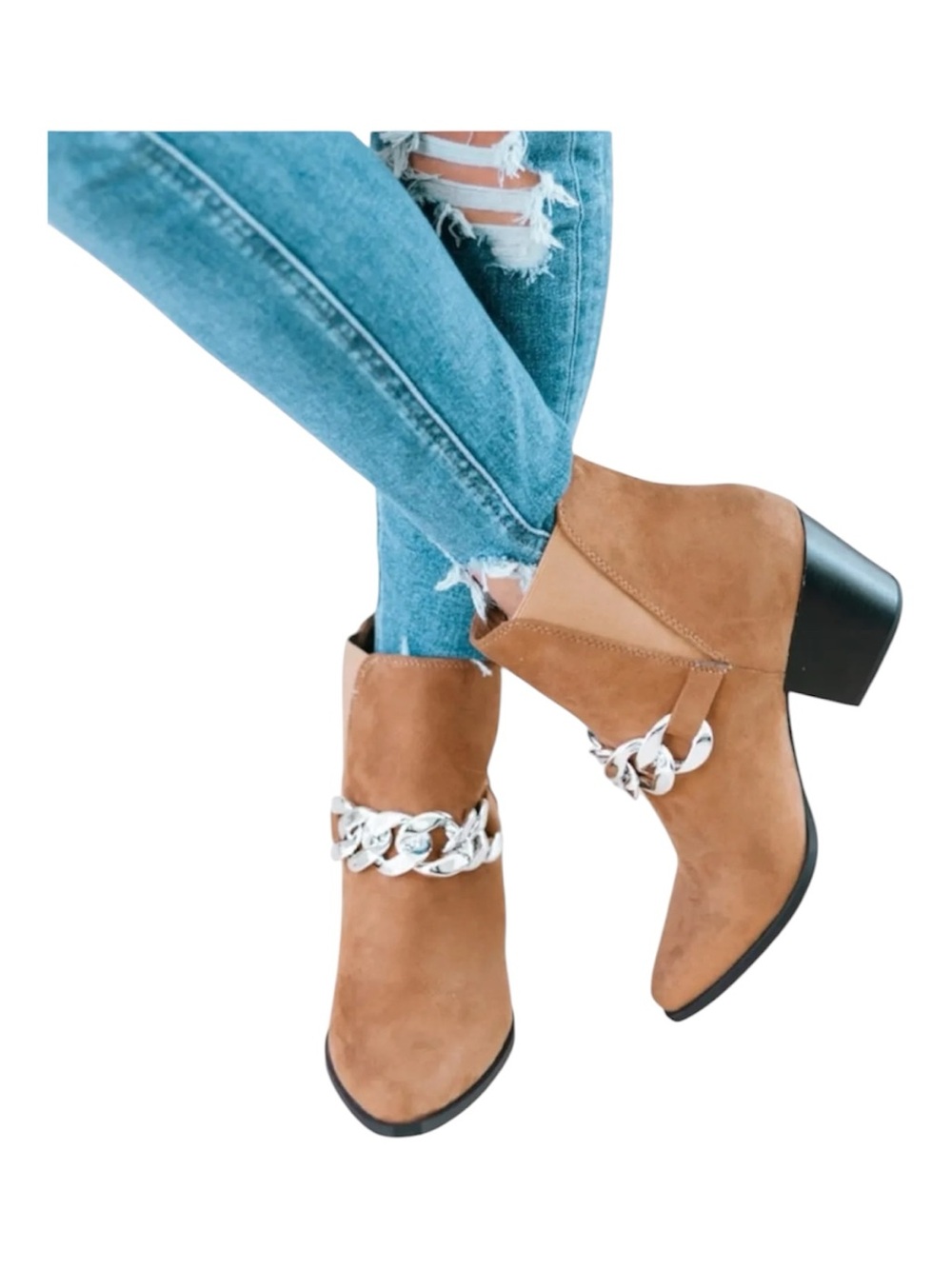 Marc Fisher Tan‎ Suede Pointed Ankle Boots with Silver Chain Detail Size 8